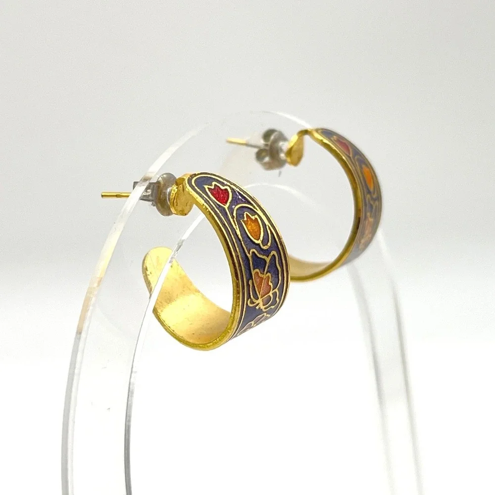 Vintage Cloisonne Enamel Floral Butterfly Hoop Earrings Gold Tone Navy Blue - Picture 8 of 8